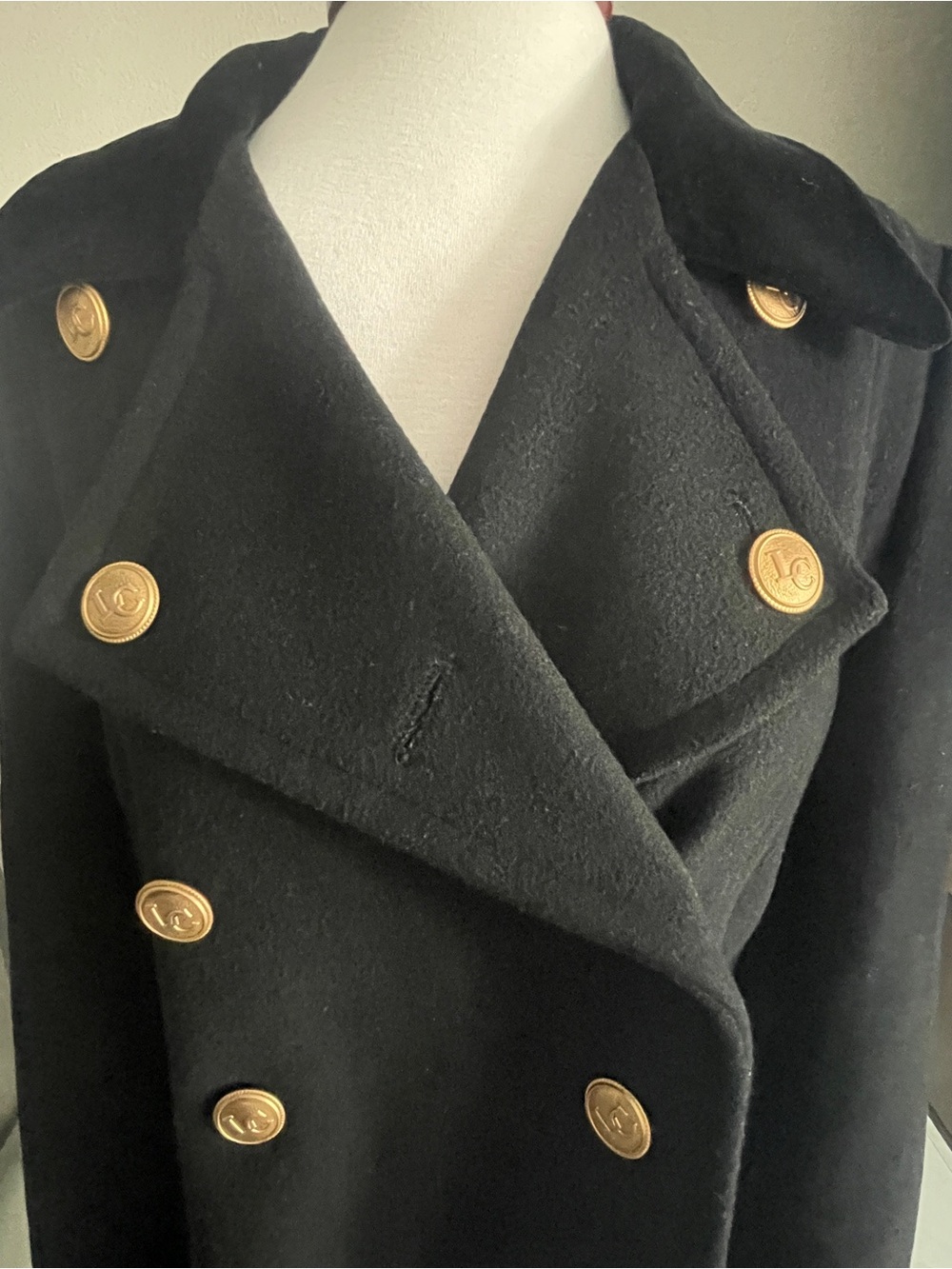Vintage Liz Claiborne Women Black Double-Breasted Wool Coat, Gold Buttons Sz 12 - Picture 4 of 12
